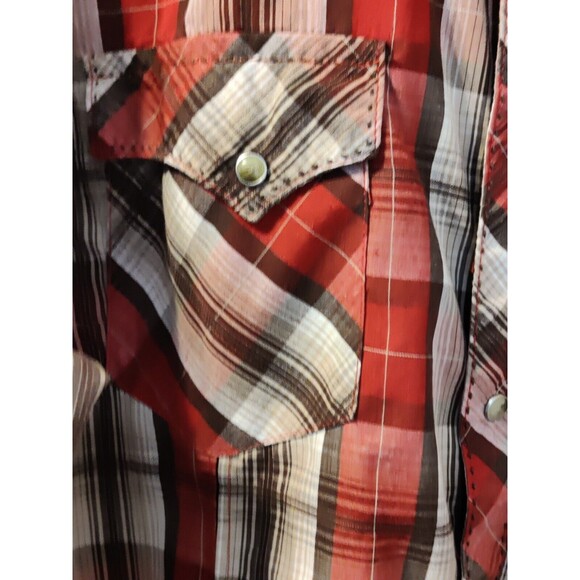 Vintage Men's Wrangler Red Tan Plaid Pearl Snap Long Sleeve Shirt - XL - Picture 3 of 10